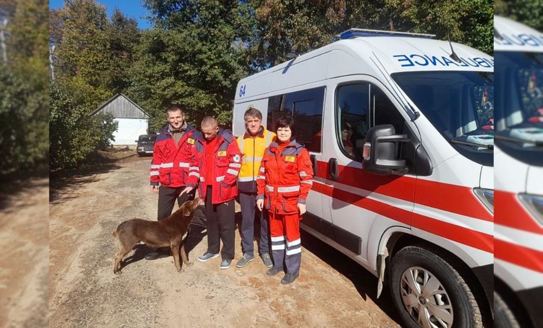 Водії Павло КОРЖАВІН і Іван ГРАБОВЕЦЬ та фельдшери Ігор ЧИГРИНЕЦЬ та Тетяна КОПИТОВА та вірний БУБЛИК – улюбленець всього відділення і член медичної команди