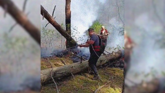 Євген Погуляй, майстер лісу, з ранцем-обприскувачем гасить пожежу