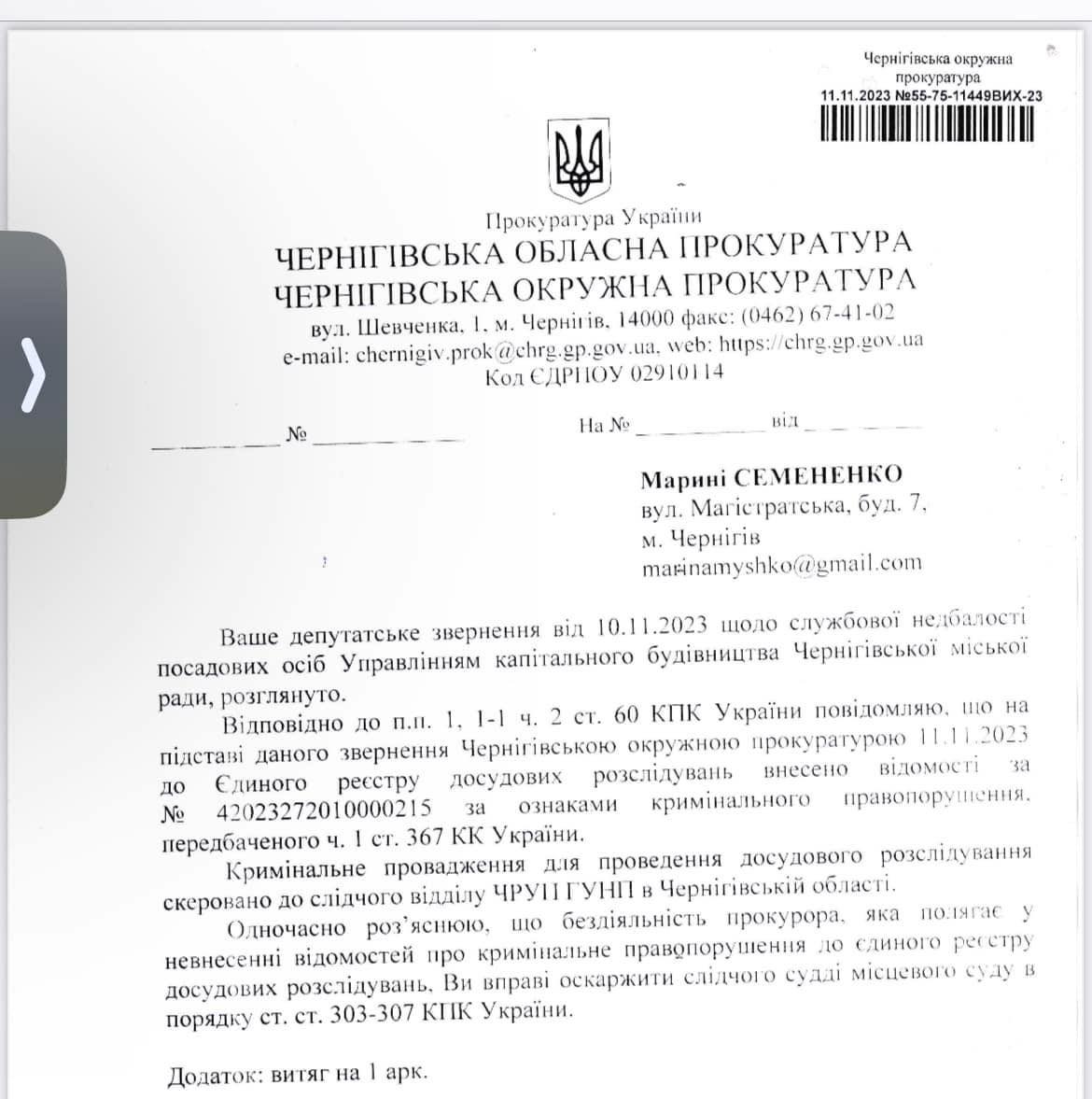 Прокуратура відкрила кримінальне проваження по зверненню депутатки Марини Семененко