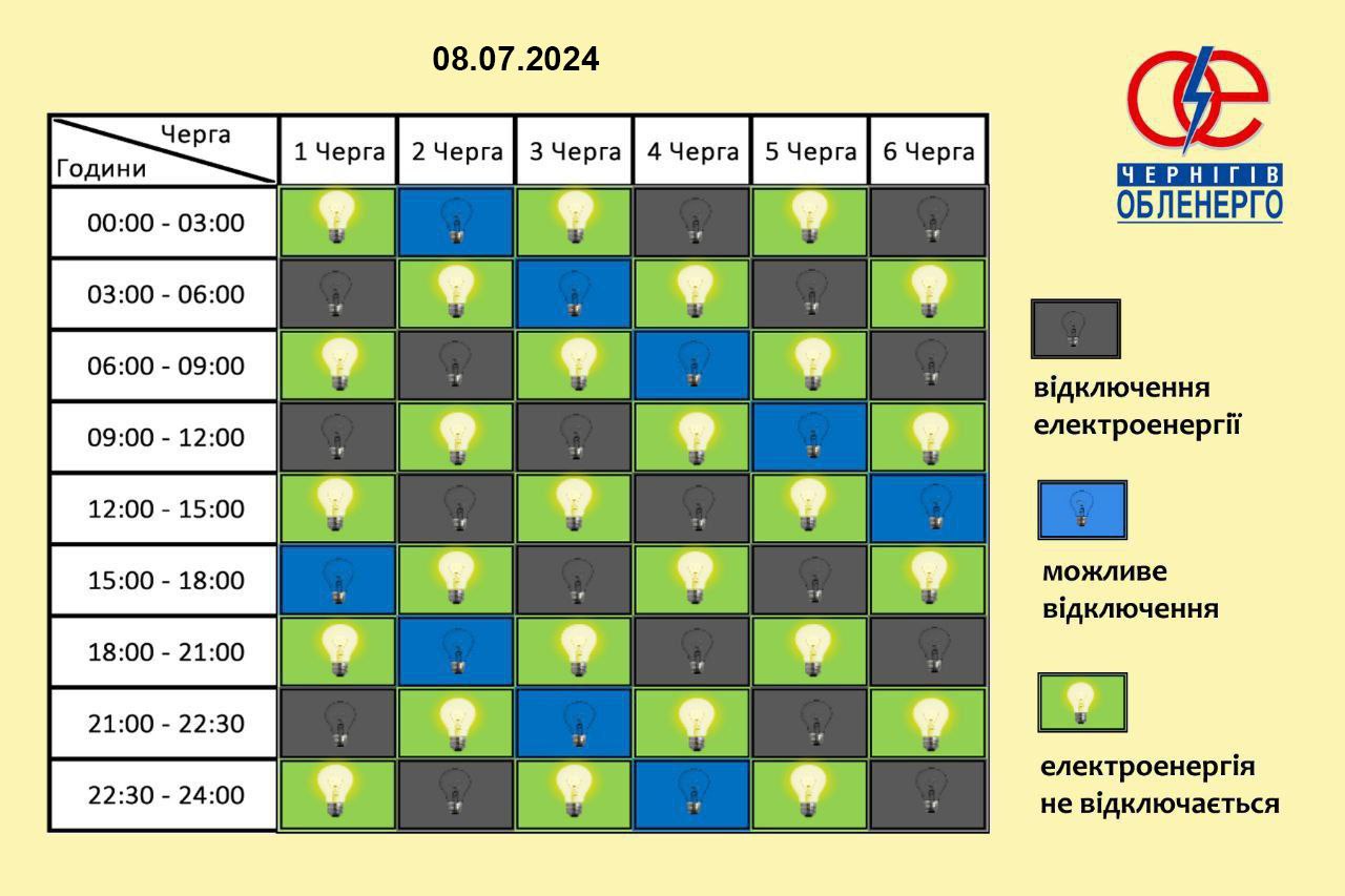 Графік відключення електроенергії на 8 липня 2024 року