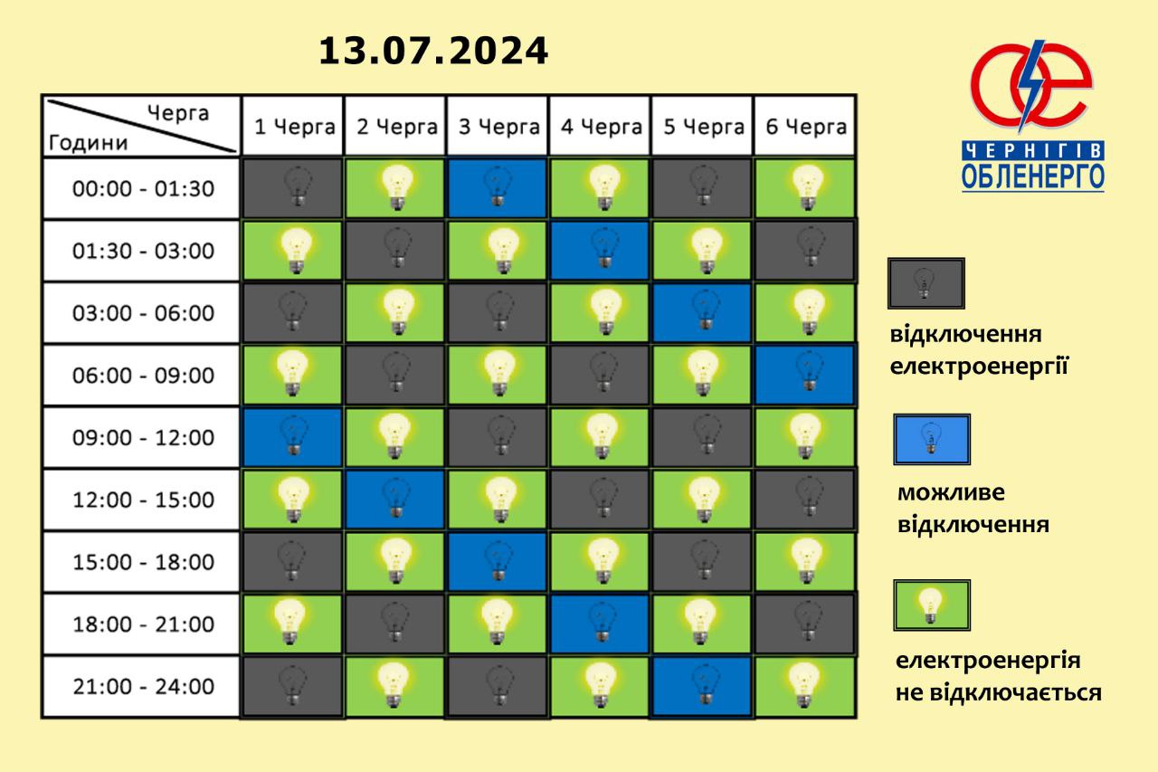 Графік відключення електроенергії по Чернігівщині на 13 липня