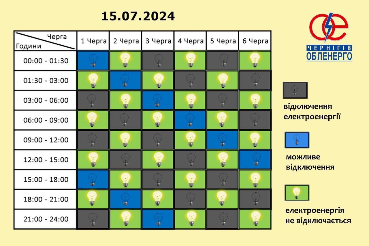 Графіки відключень електроенергії на 15 липня по Чернігівській області