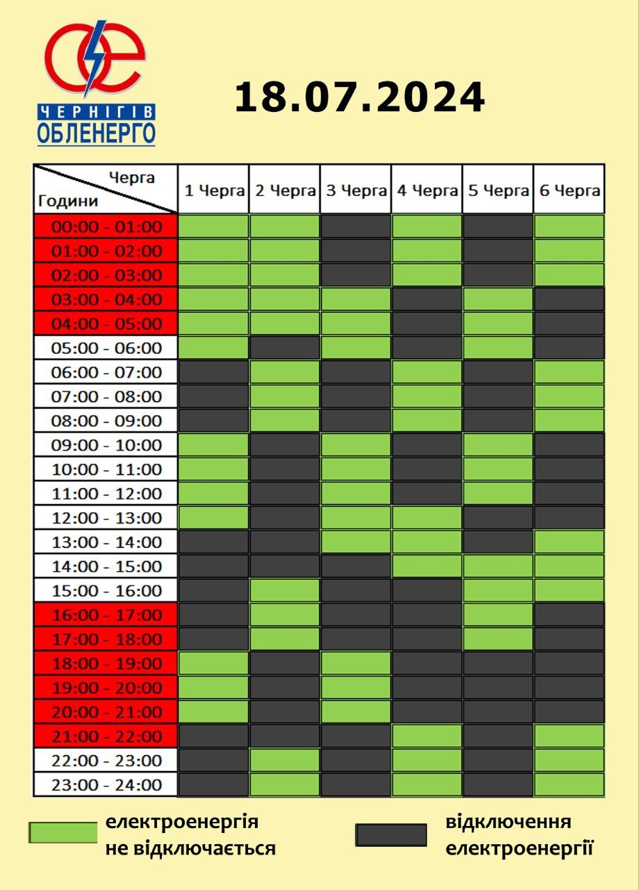 Графіки відключень електроенергії на 18 липня 2024 року