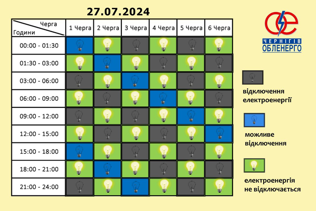 Графік відключень електроенергії на 27 липня 2024 року по Чернігівській обасті