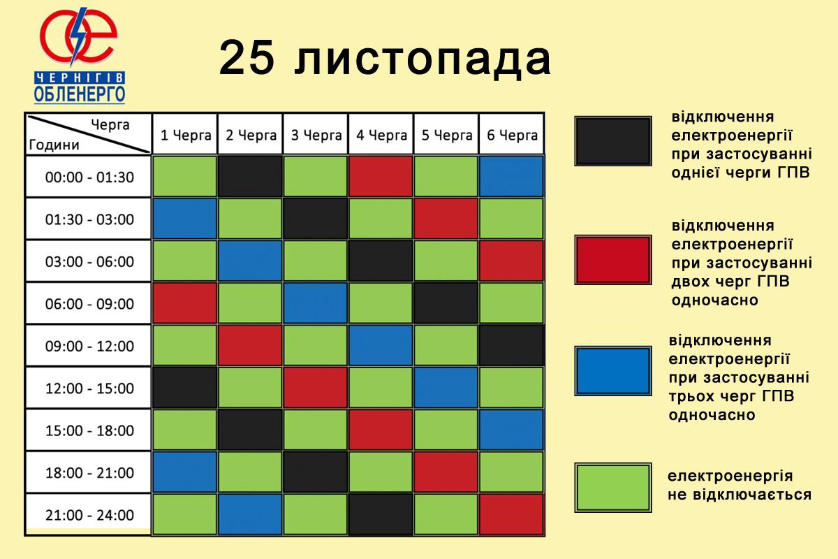 Графік відключень електроенергії по Чернігівщині на 25 листопада 