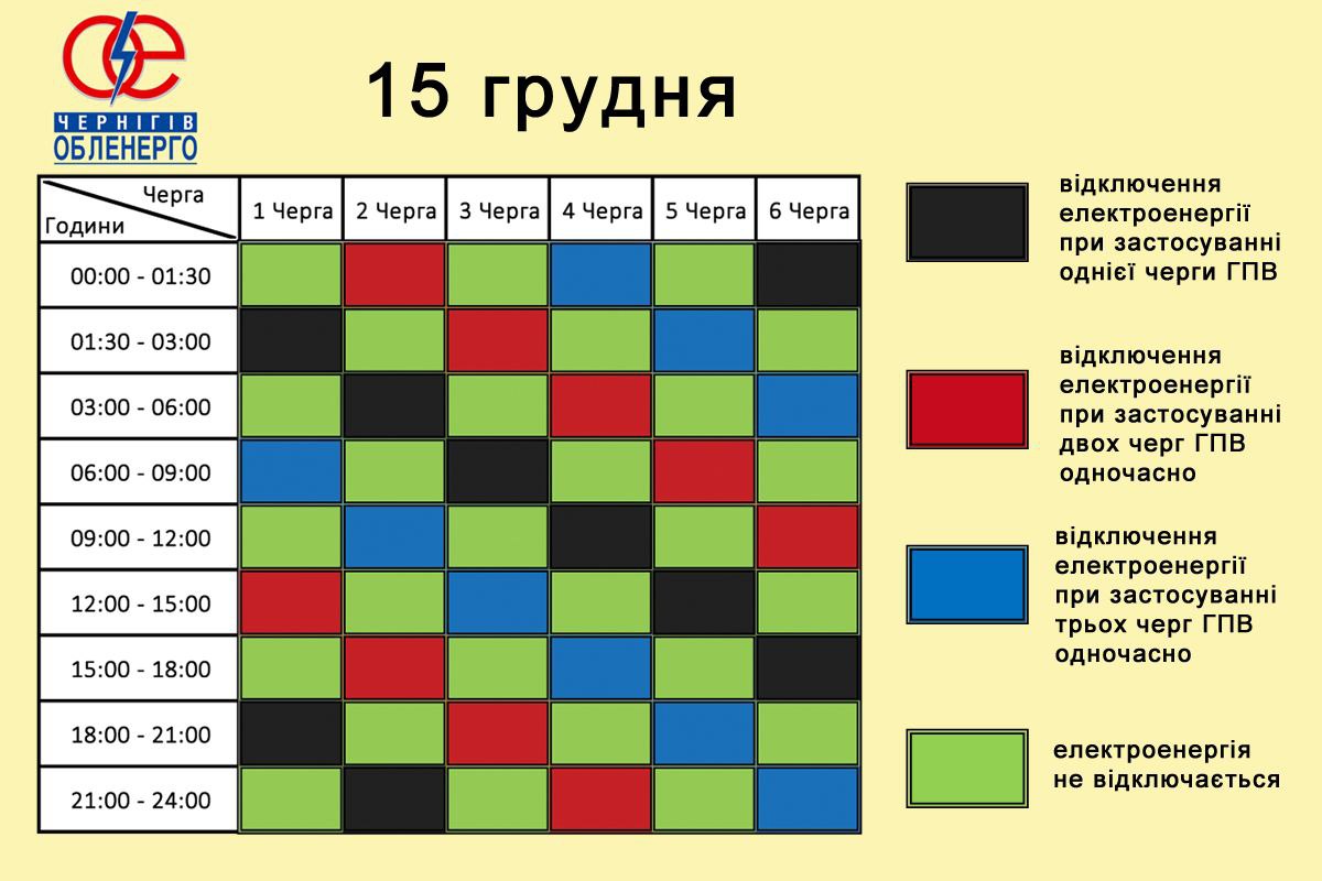 Графіки відключень світла по Чернігівщині на 15 грудня