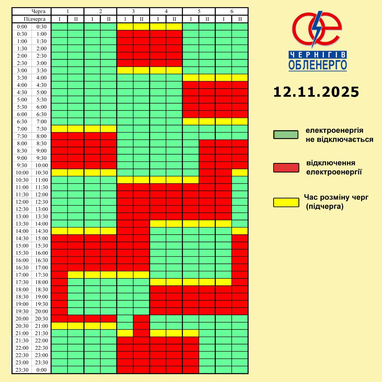 Графік погодинних відключень електроенергії на 12 листопада 2025 року