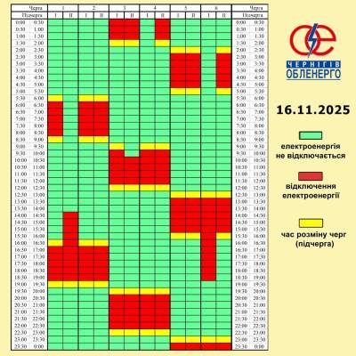Графік погодинних відключень електроенергії на 16 листопада 2025 року