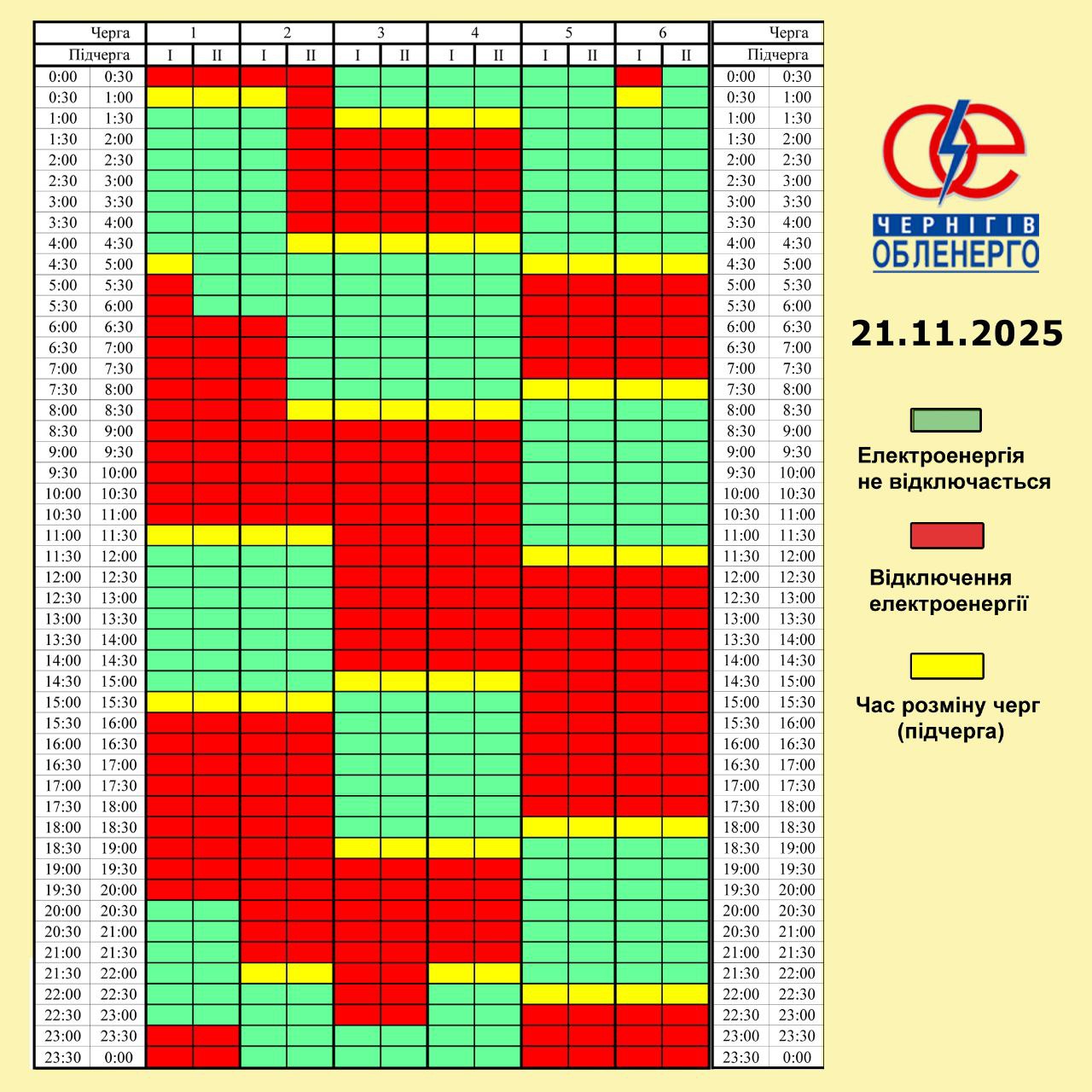 Графік погодинних відключень електроенергії на 21 листопада 2025 року