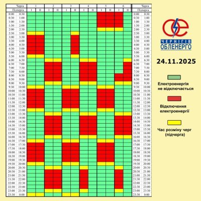 Графік погодинних відключень електроенергії на 24 листопада 2025 року
