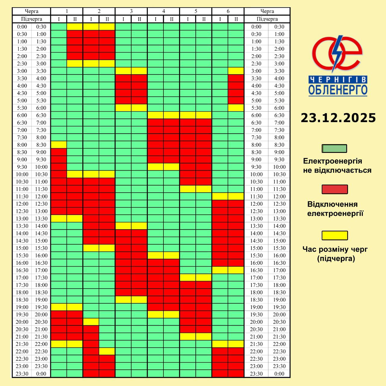 Графік погодинних відключень електроенергії на 23 грудня 2025 року