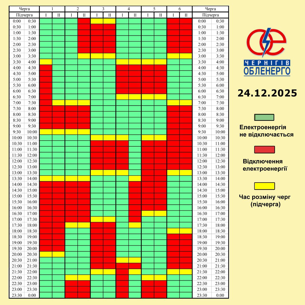 Графік погодинних відключень електроенергії на 24 грудня 2025 року