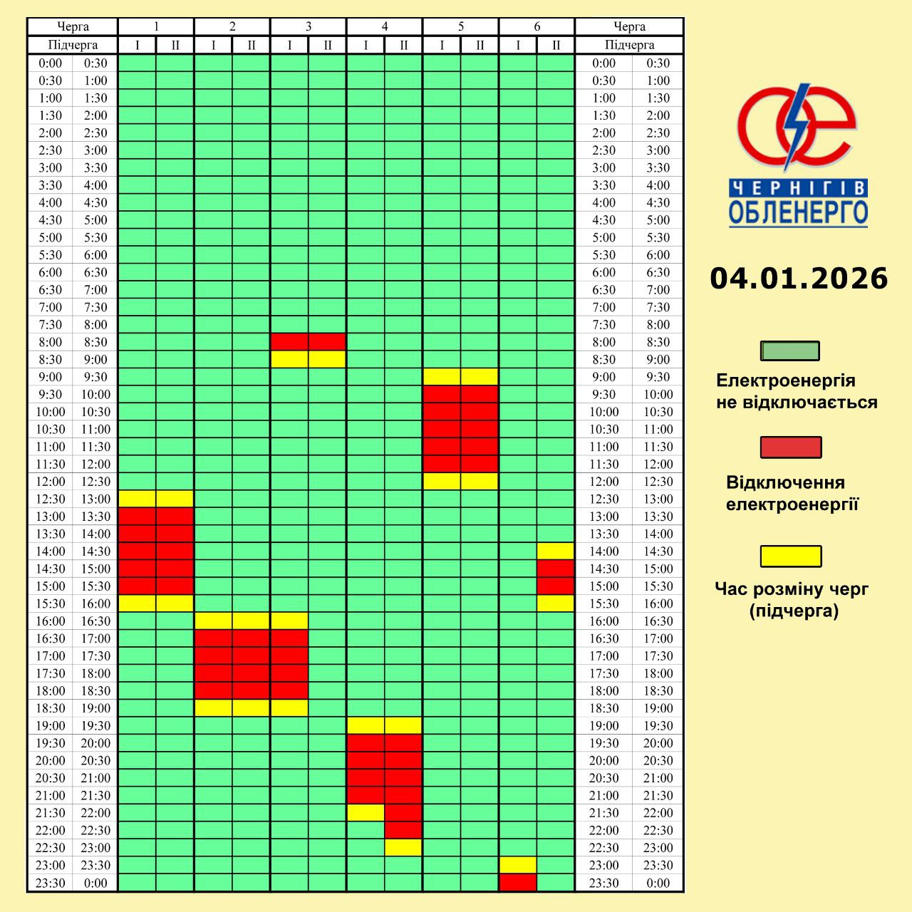 Графік погодинних відключень електроенергії на 4 січня 2026 року