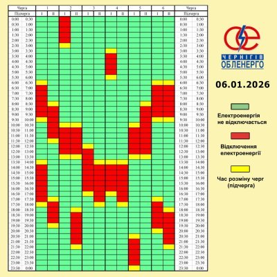 Графік погодинних відключень електроенергії на 6 січня 2026 року