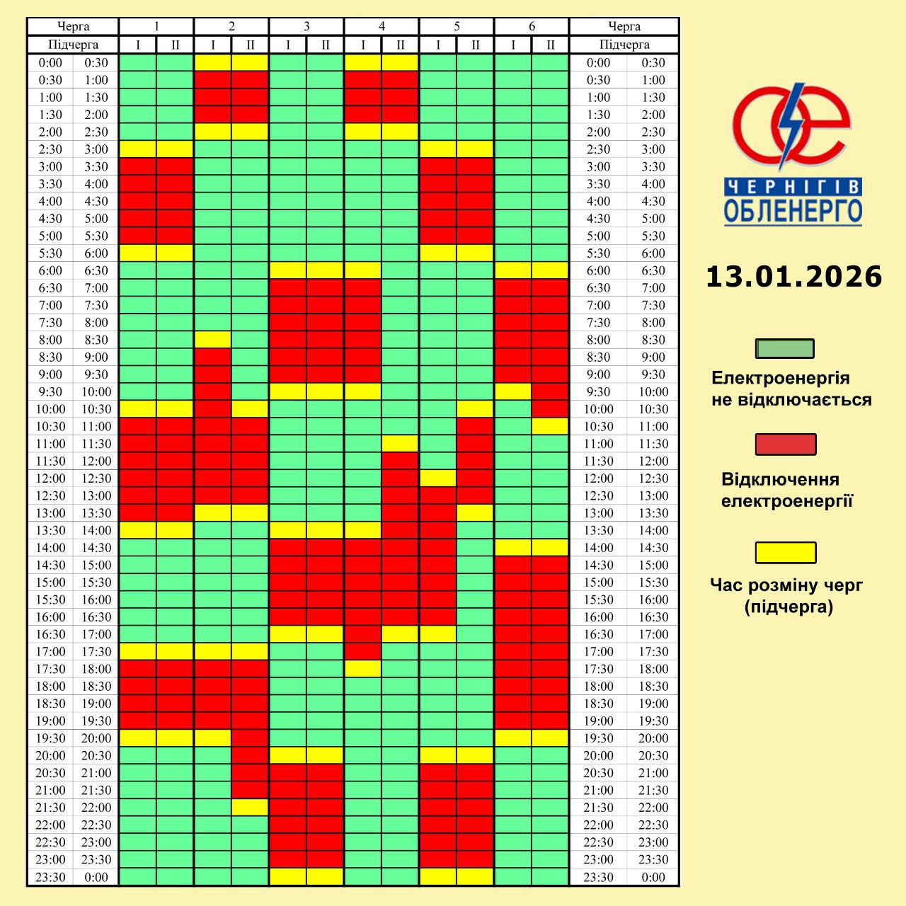 Графік погодинних відключень електроенергії на 13 січня 2026 року