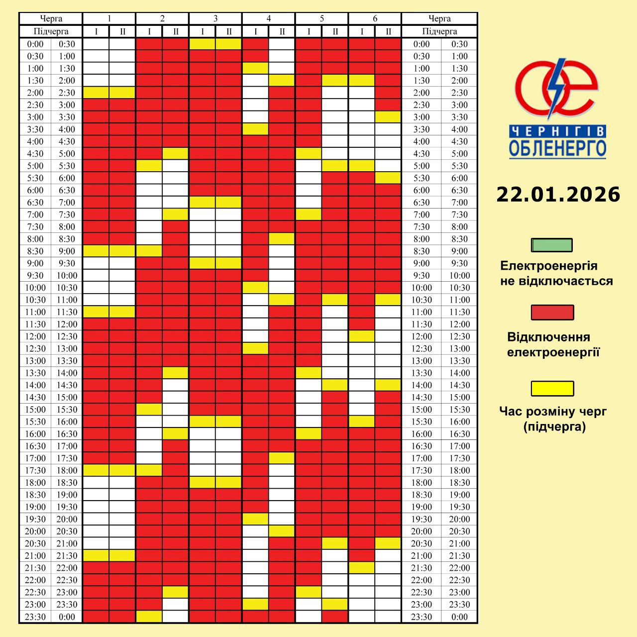 Графік погодинних відключень електроенергії на 22 січня 2026 року