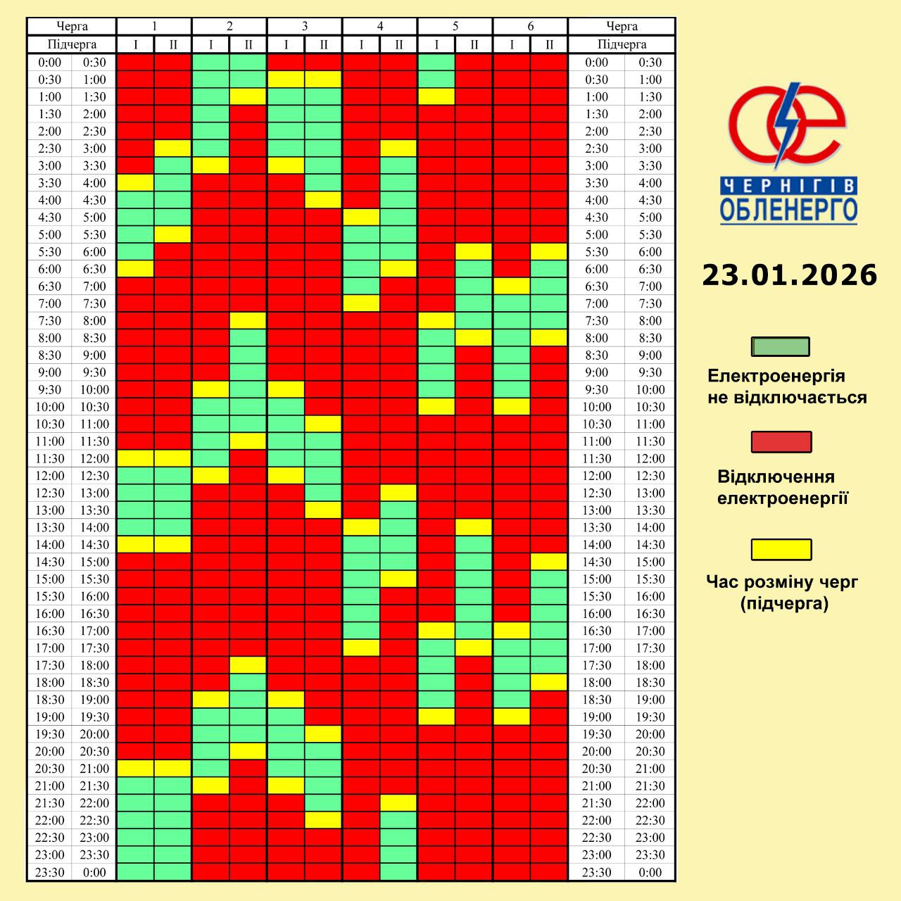 Графік погодинних відключень електроенергії на 23 січня 2026 року