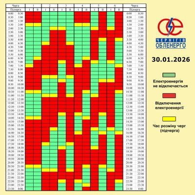Графік погодинних відключень електроенергії на 30 січня 2026 року