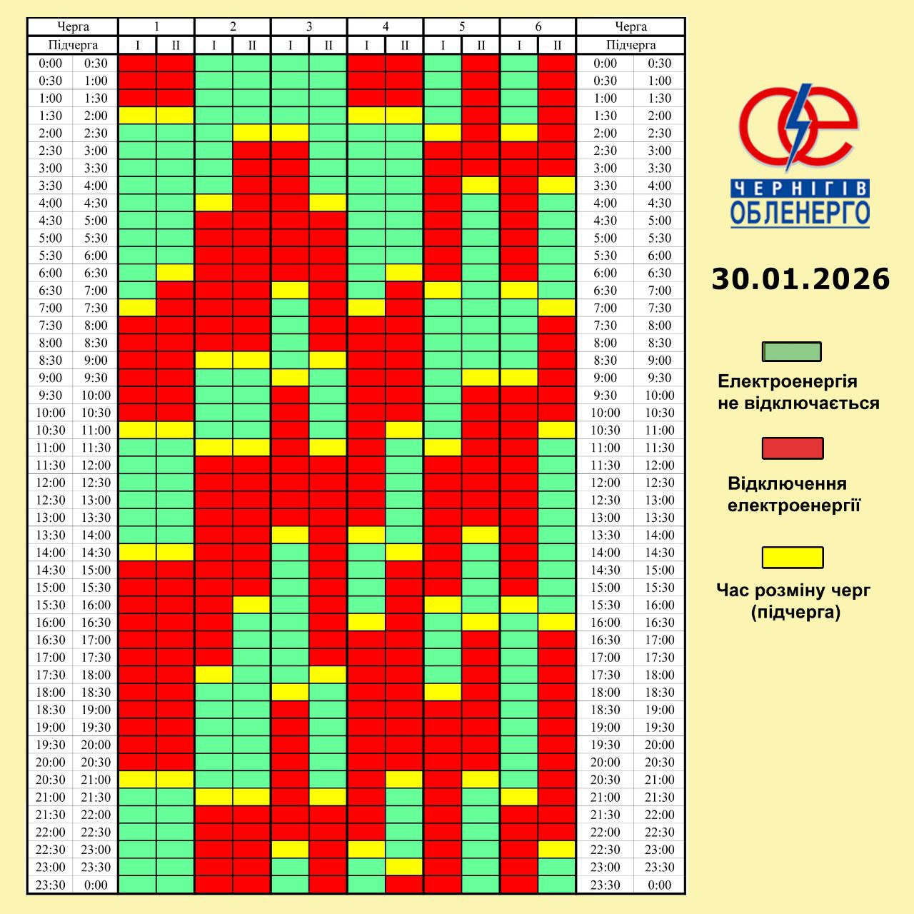 Графік погодинних відключень електроенергії на 30 січня 2026 року