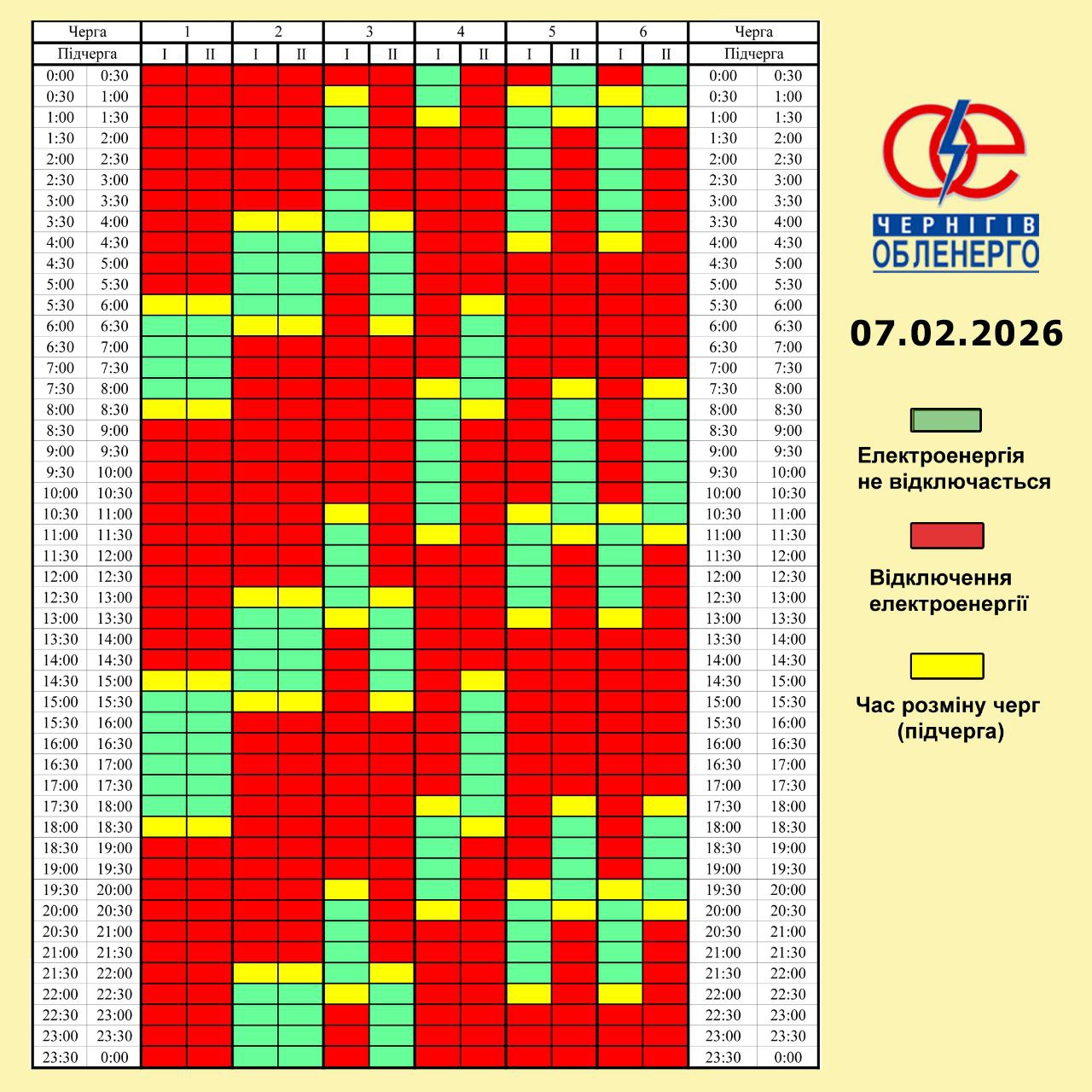 Графік погодинних відключень електроенергії на 7 лютого 2026 року