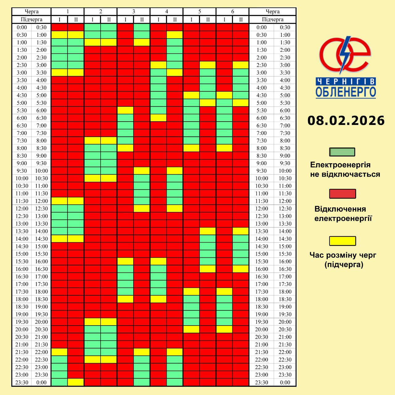 Графік погодинних відключень електроенергії на 8 лютого 2026 року