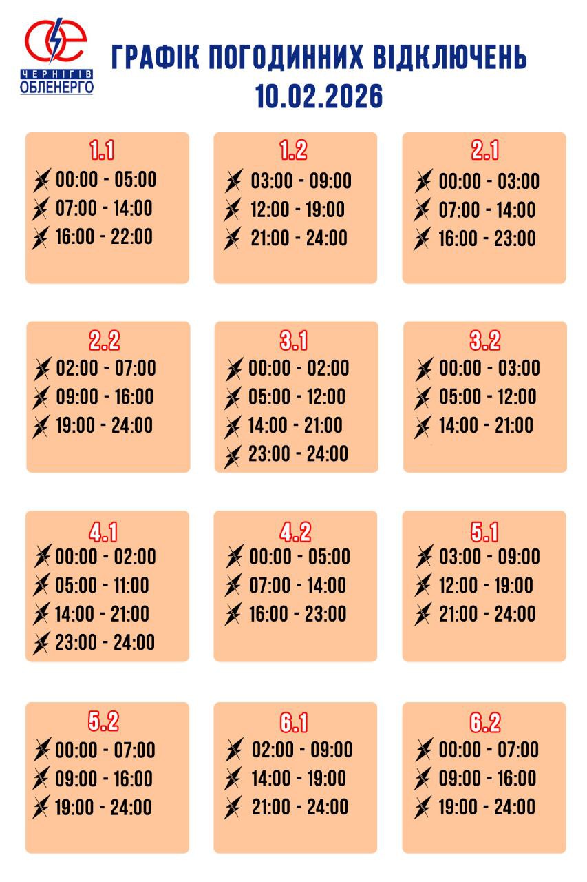 Графік погодинних відключень електроенергії на 10 лютого 2026 року