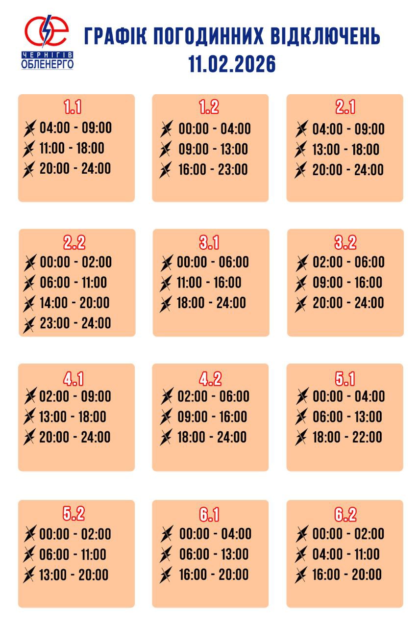 Графік погодинних відключень електроенергії на 11 лютого 2026 року