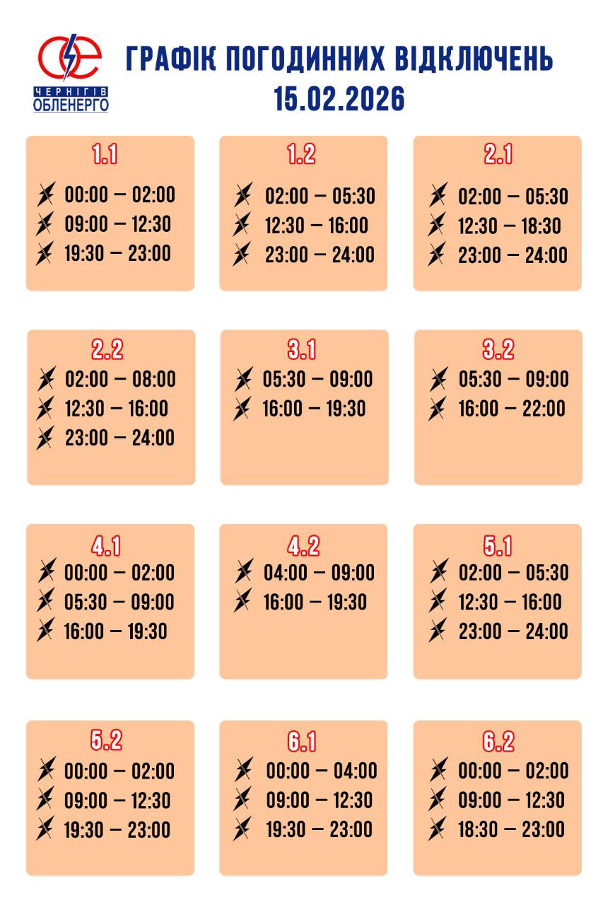Графік погодинних відключень електроенергії на 15 лютого 2026 року