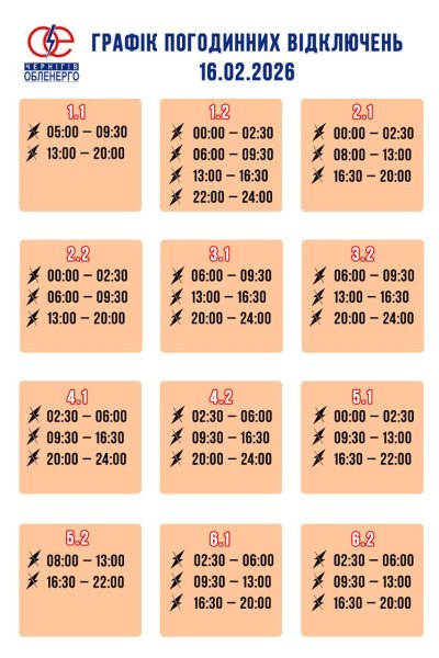 Графік погодинних відключень електроенергії на 16 лютого 2026 року