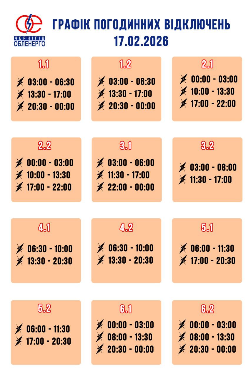 Графік погодинних відключень електроенергії на 17 лютого 2026 року