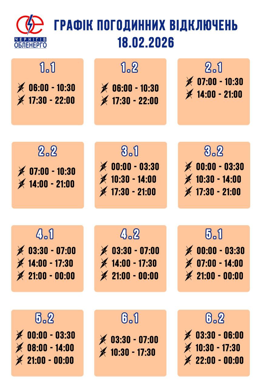 Графік погодинних відключень електроенергії на 18 лютого 2026 року