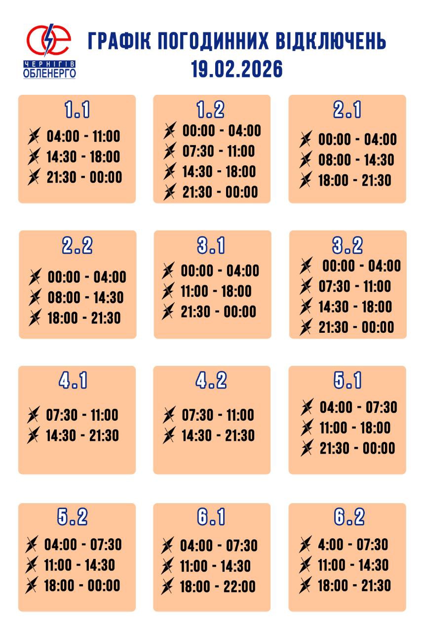 Графік погодинних відключень електроенергії на 19 лютого 2026 року