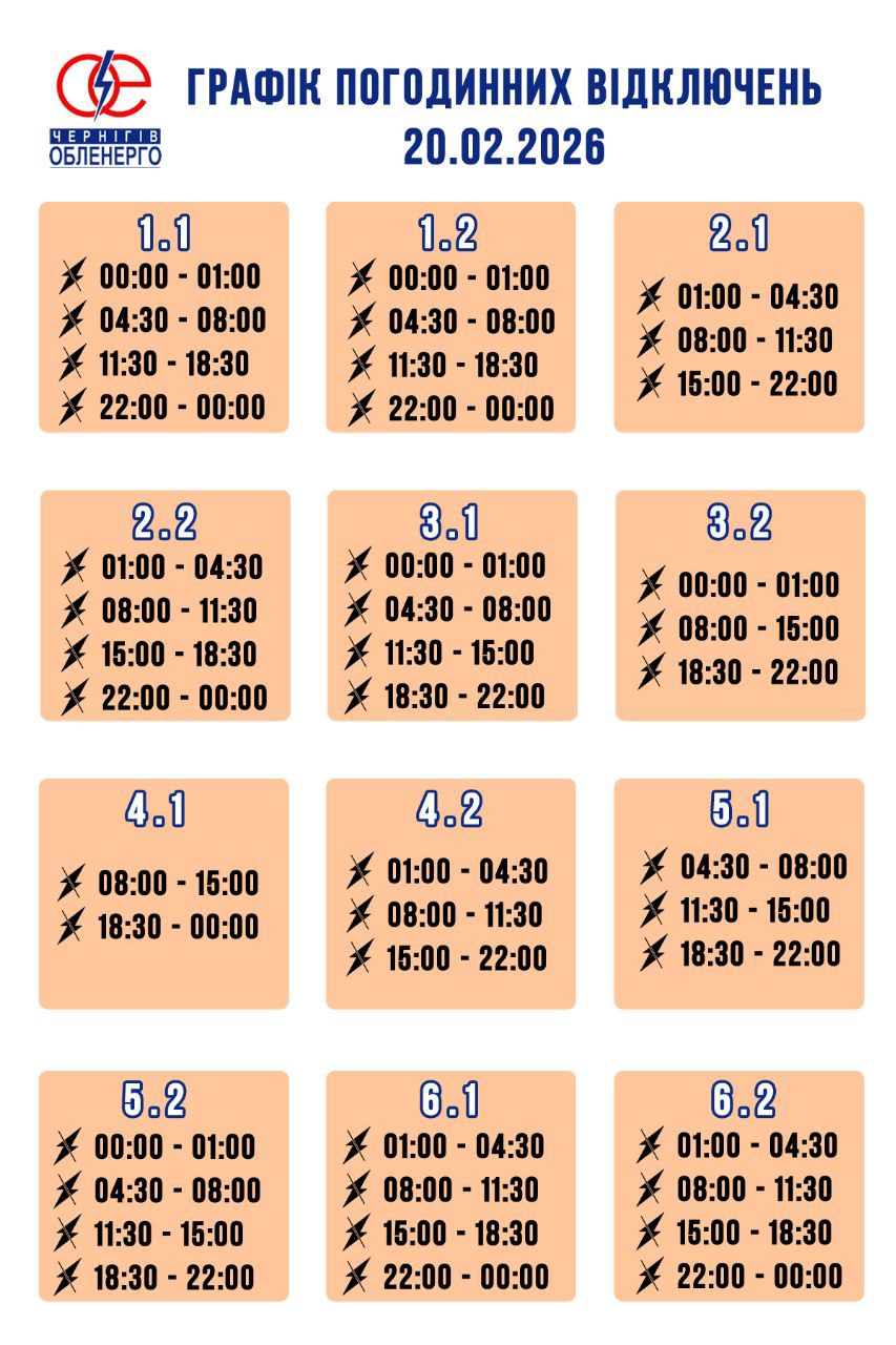Графік погодинних відключень електроенергії на 20 лютого 2026 року
