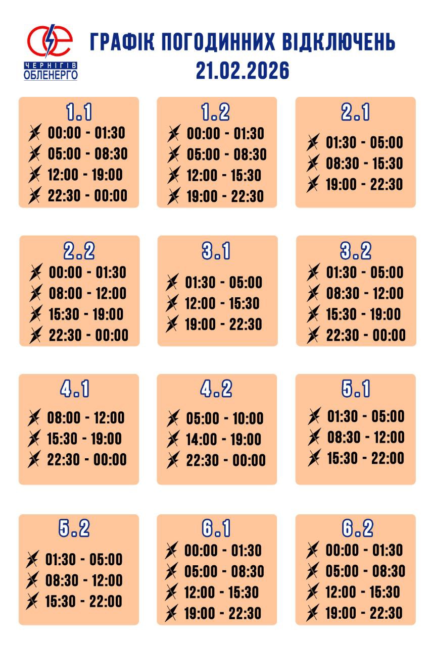 Графік погодинних відключень електроенергії на 21 лютого 2026 року