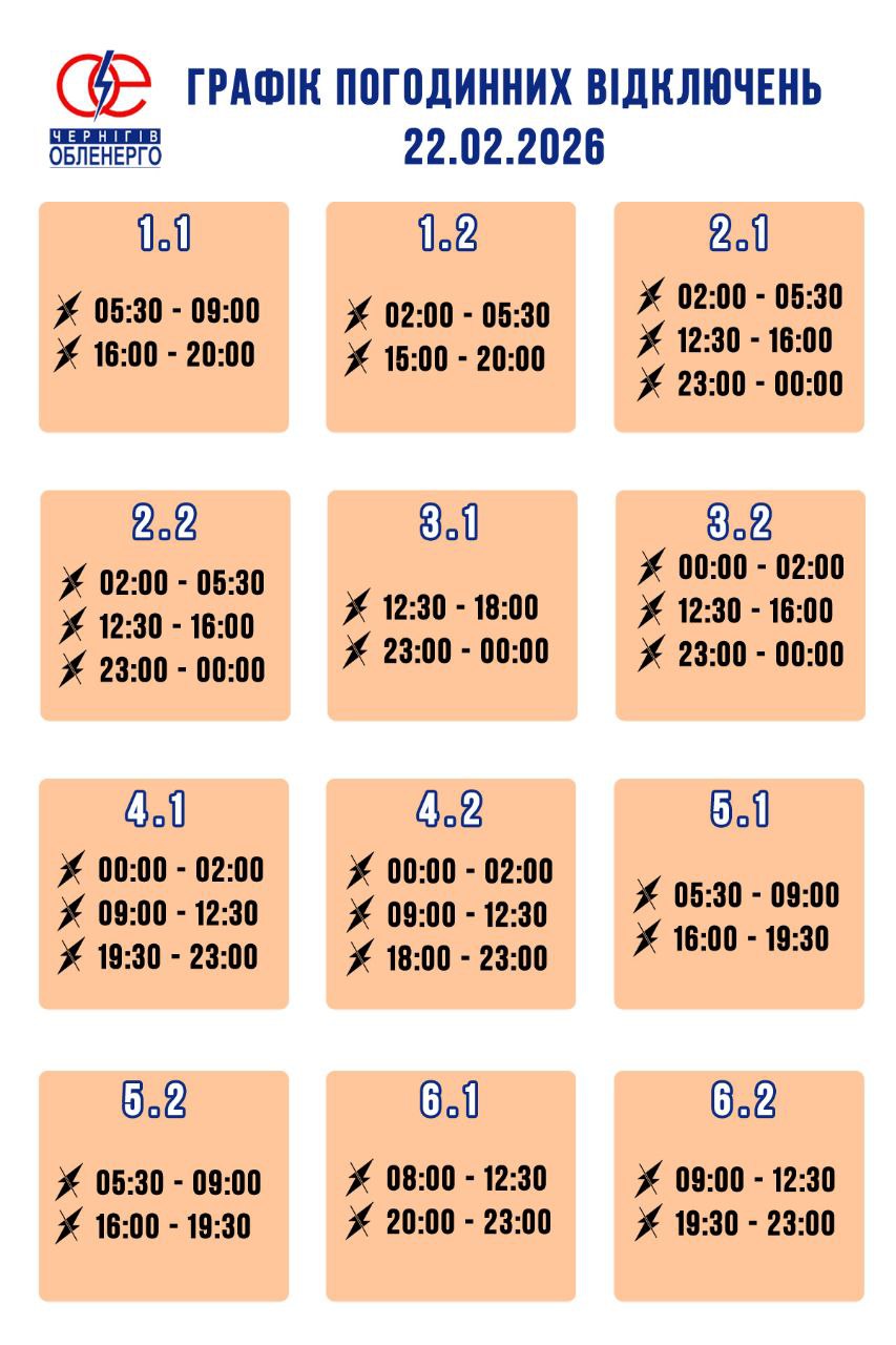 Графік погодинних відключень електроенергії на 22 лютого 2026 року