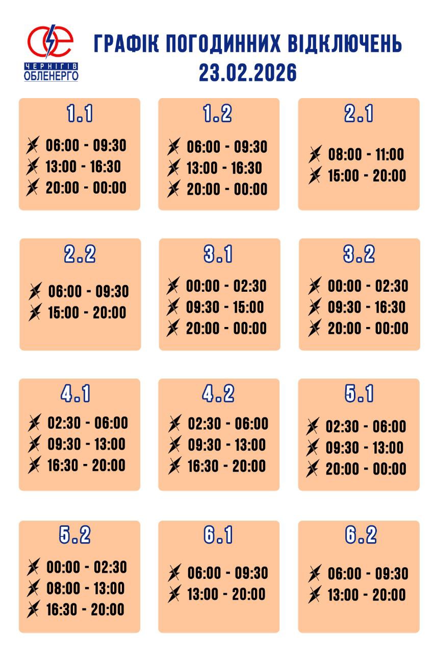 Графік погодинних відключень електроенергії на 23 лютого 2026 року