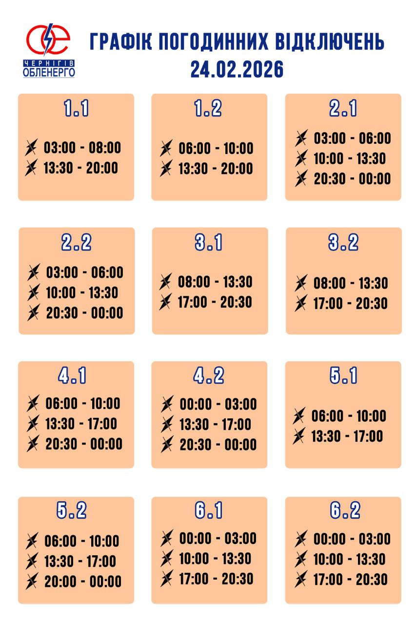 Графік погодинних відключень електроенергії на 24 лютого 2026 року