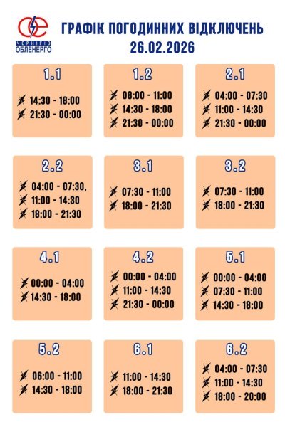Графік погодинних відключень електроенергії на 26 лютого 2026 року
