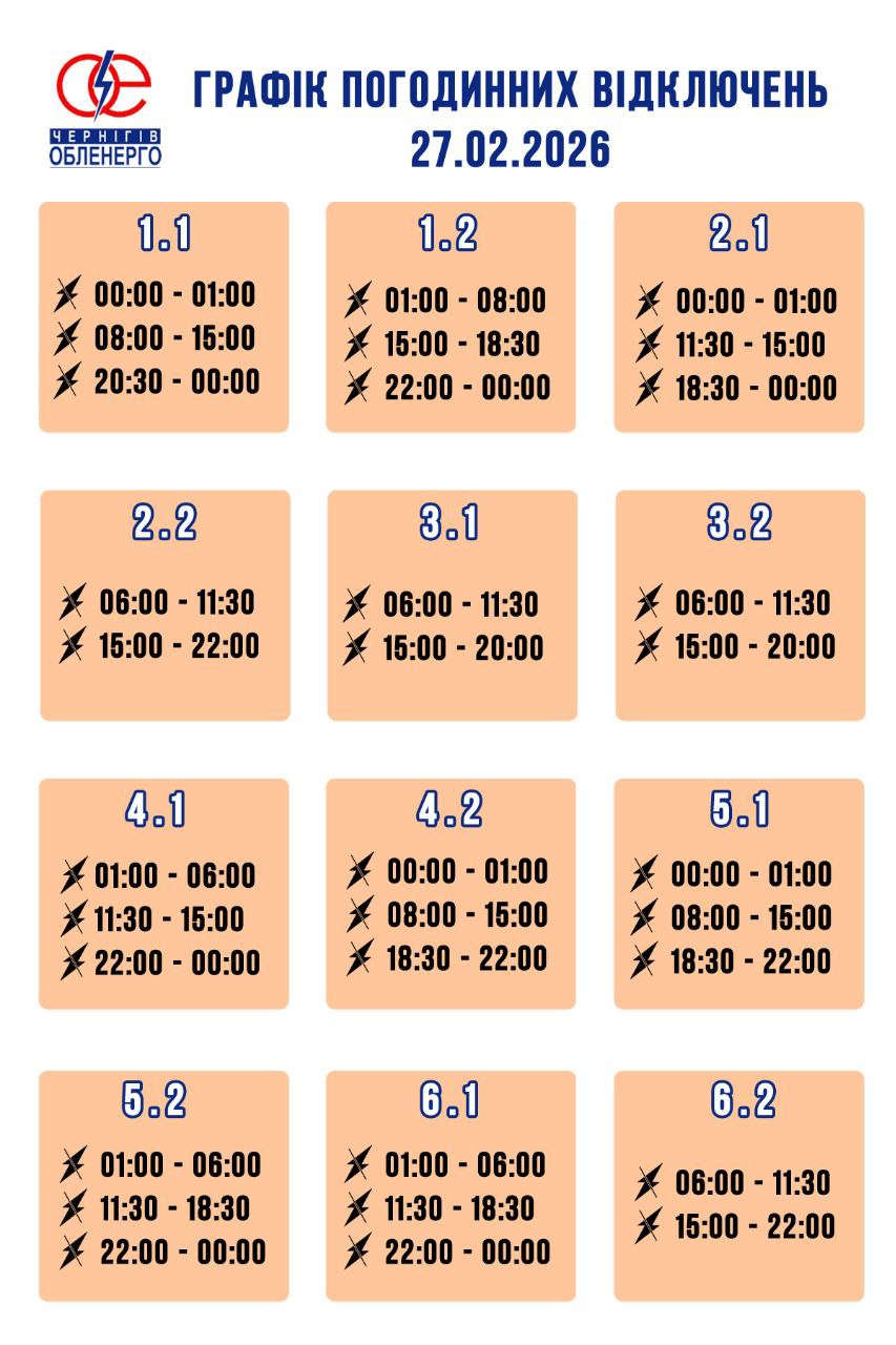 Графік погодинних відключень електроенергії на 27 лютого 2026 року
