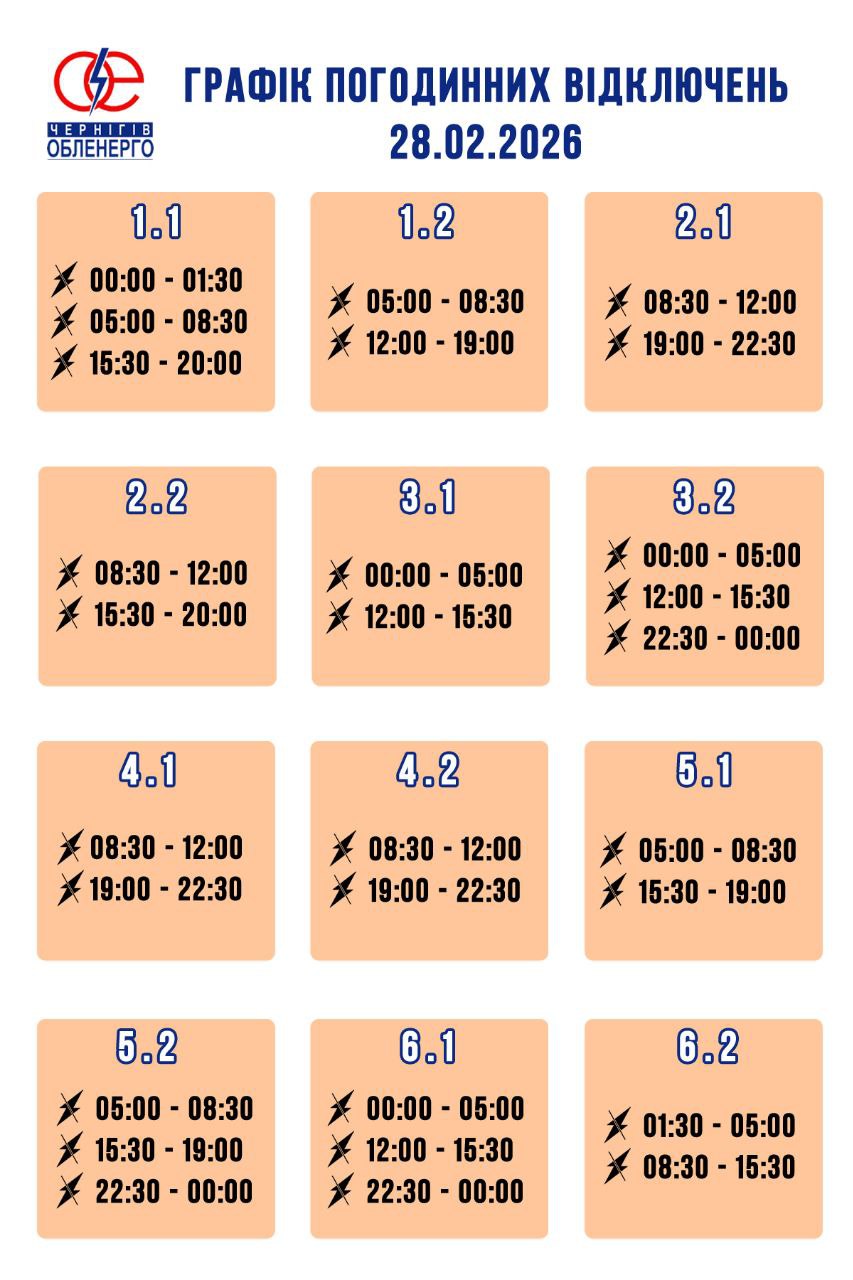 Графік погодинних відключень електроенергії на 28 лютого 2026 року