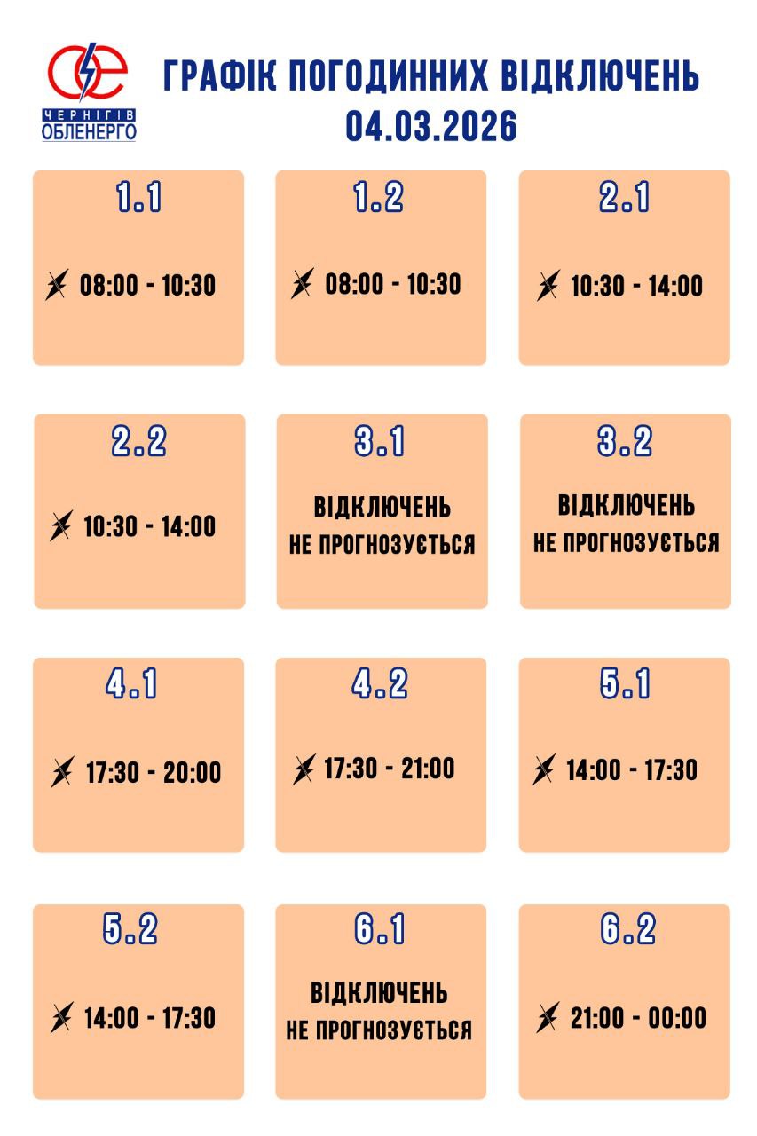 Графік погодинних відключень електроенергії на 4 березня 2026 року
