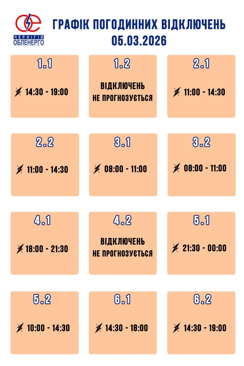 Графік погодинних відключень електроенергії на 5 березня 2026 року