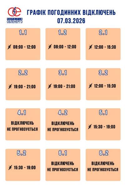 Графік погодинних відключень електроенергії на 7 березня 2026 року