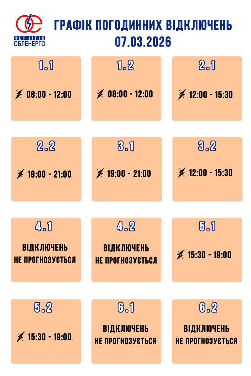 Графік погодинних відключень електроенергії на 7 березня 2026 року