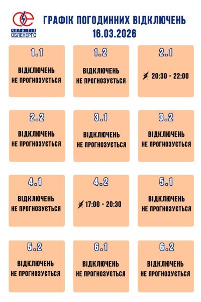 Графік погодинних відключень електроенергії на 16 березня 2026 року