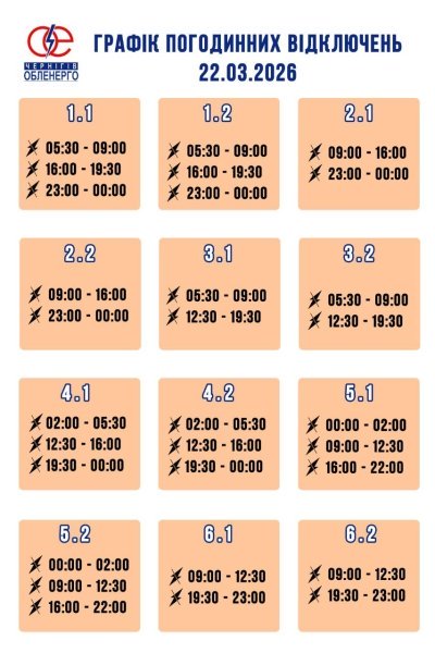 Графік погодинних відключень електроенергії на 22 березня 2026 року