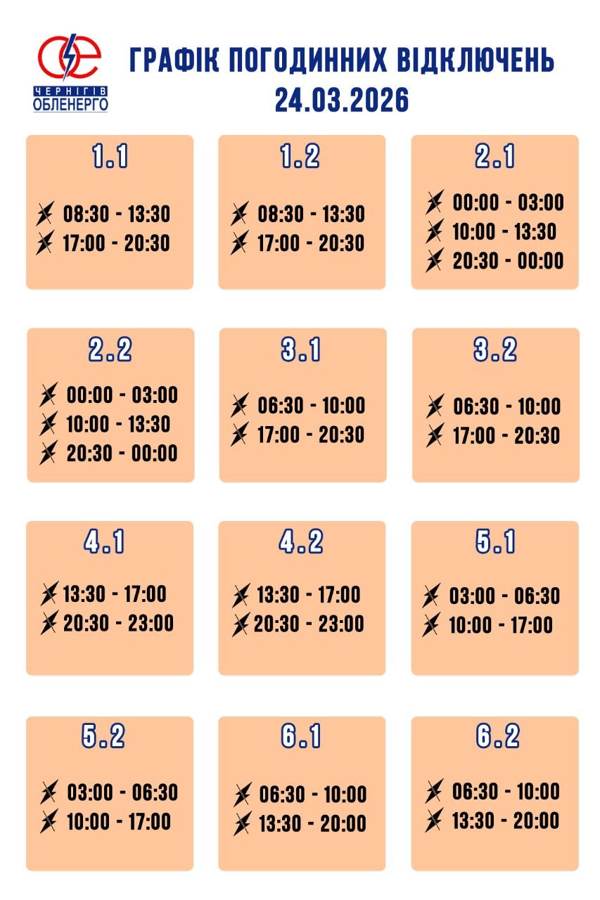 Графіки обмежень електрики по Чернігівщині 24 березня: скільки годин без світла