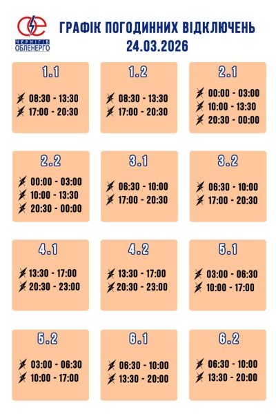Графіки обмежень електрики по Чернігівщині 24 березня: скільки годин без світла