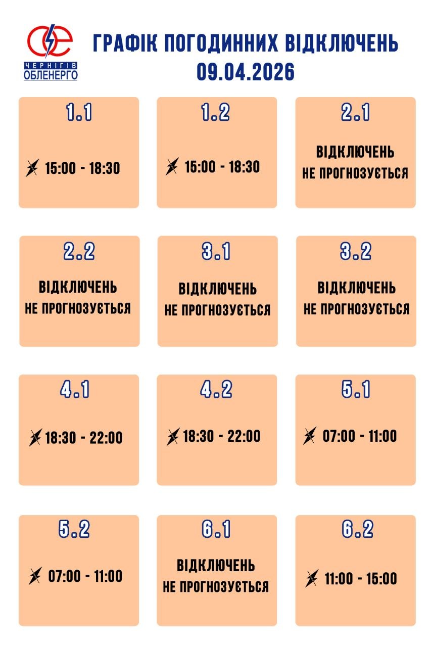 Графік погодинних відключень електроенергії на 9 квітня 2026 року