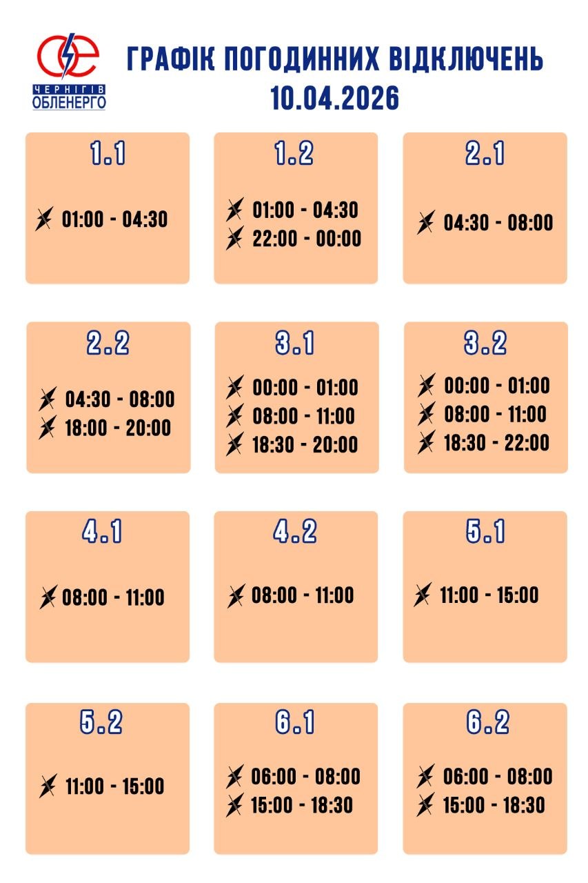 Графік погодинних відключень електроенергії на 10 квітня 2026 року